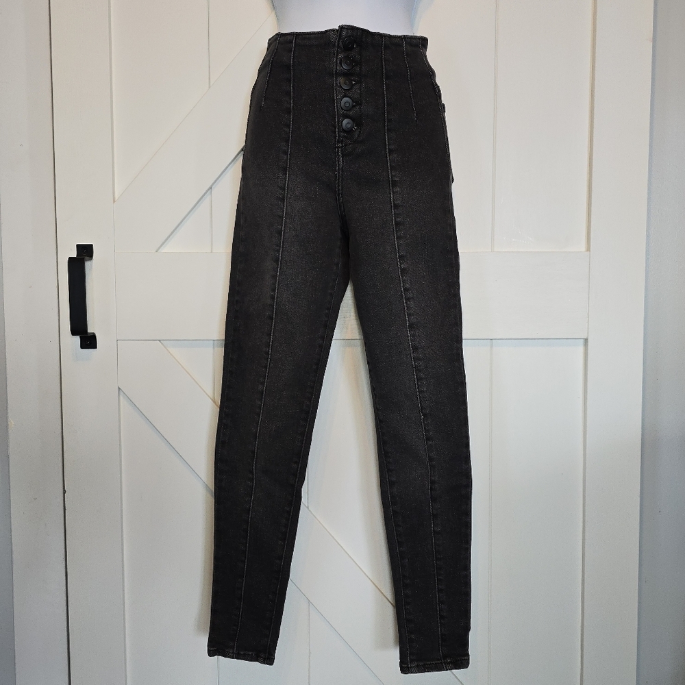 No Boundaries Women Jeans High Rise Button Fly Black Skinny Tapered Leg Stretch